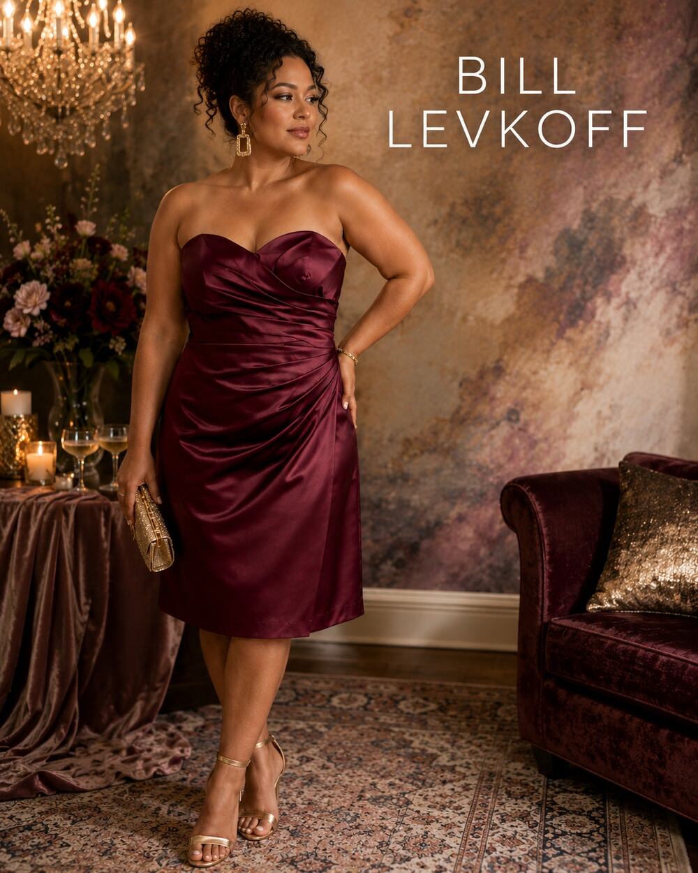 Bill Levkoff Size 12 Burgundy Satin Strapless Ruched Cocktail Dress